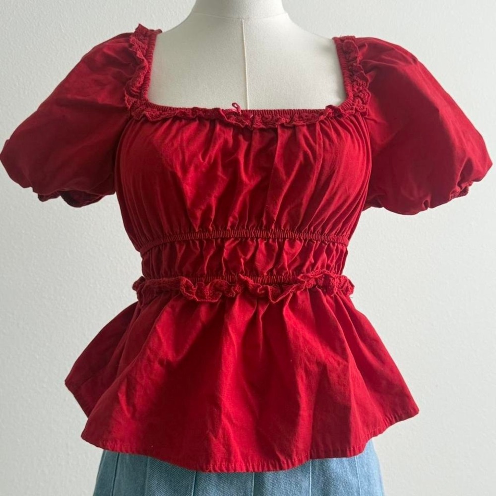 Red Coquette Cottage Core M Puff Sleeve Soft Girl Farmers Market Dainty Top